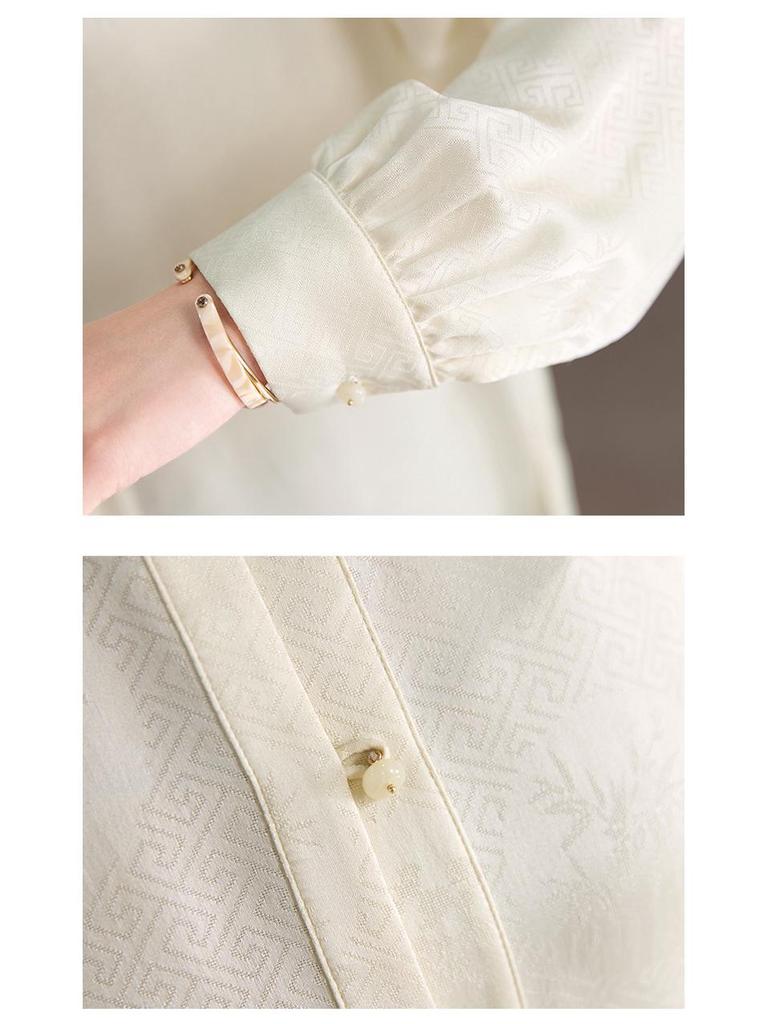 Женская элегантная рубашка из французского шелка - Осень 2025, с длинным рукавом, воротник-стойка, роскошный топ из шелка тутового дерева.