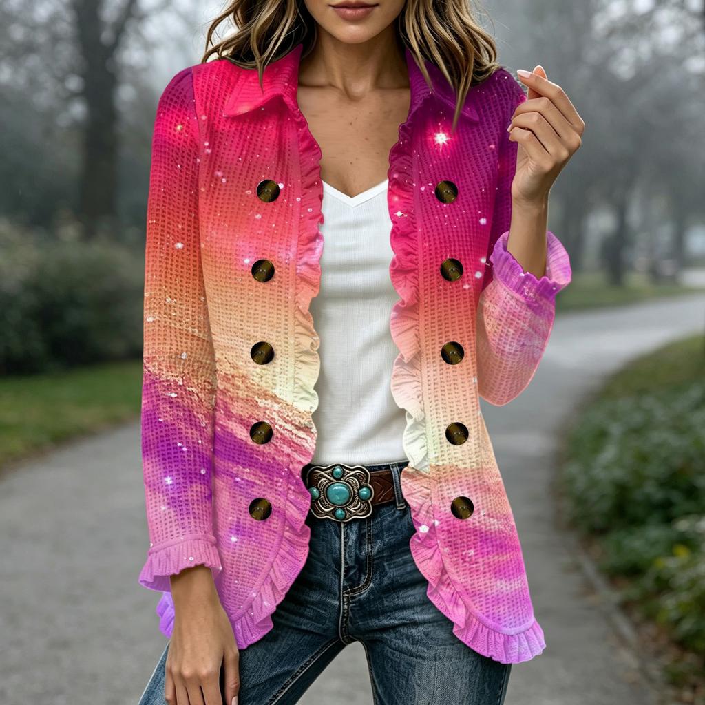 Women's Fashion Print Long Sleeve Ruffle Open Front Cardigan for Everyday Wear