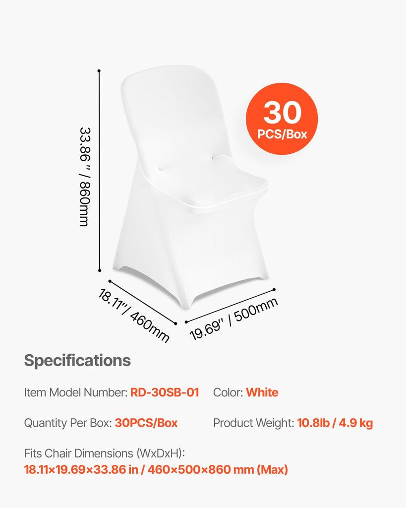 VEVOR 30 Pcs White Chair Covers, Polyester Spandex Chair Cover, Stretch Slipcovers for Wedding Party Dining Banquet Flat-Front Chair Covers