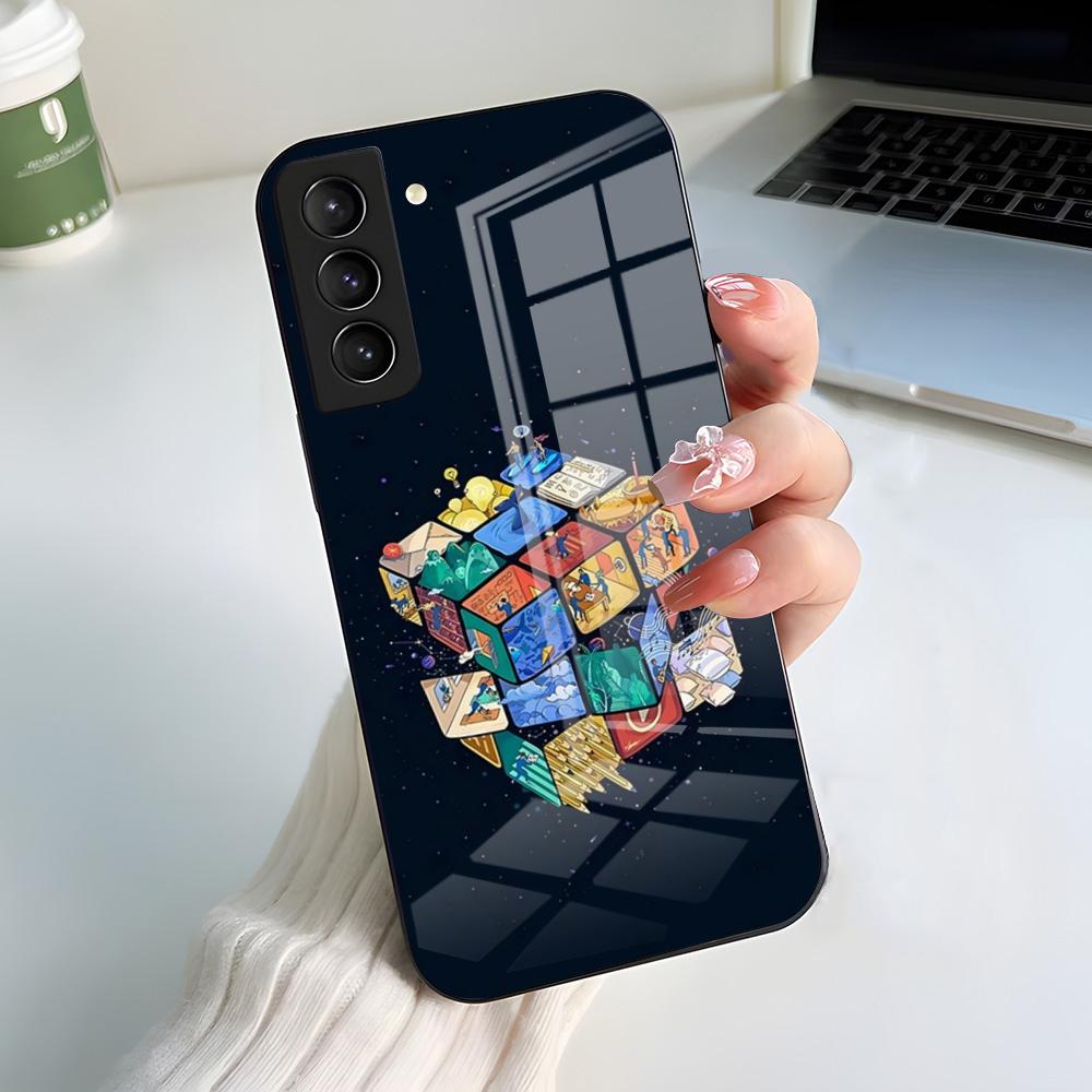 Крутой Забавный Чехол-Кубик Рубика для Телефона Samsung S26 S25 S24 FE S23 S22 S21 Plus S20 Ultra Note20Ultra Черная Стеклянная Крышка