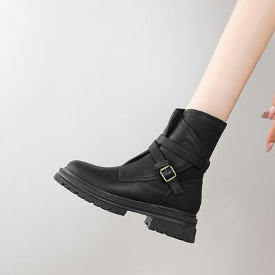 Мода НОВЫЕ Осенние Женские Ботинки Круглый Носок Массивный Каблук Обувь Спилок Обувь для Женщин Молния Платформа Короткие Ботинки Пряжка Ремень Ботинки
