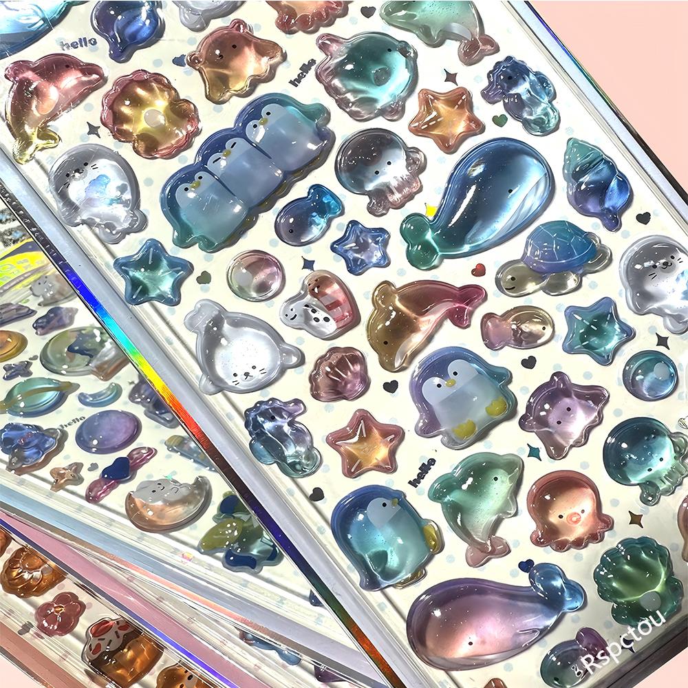 4Pcs Cute Creative Cartoon Bear Rabbit 3D Relief Stickers Marine Animals Jelly Crystal Sticker Luggage Guitar Diy Kawaii Decals