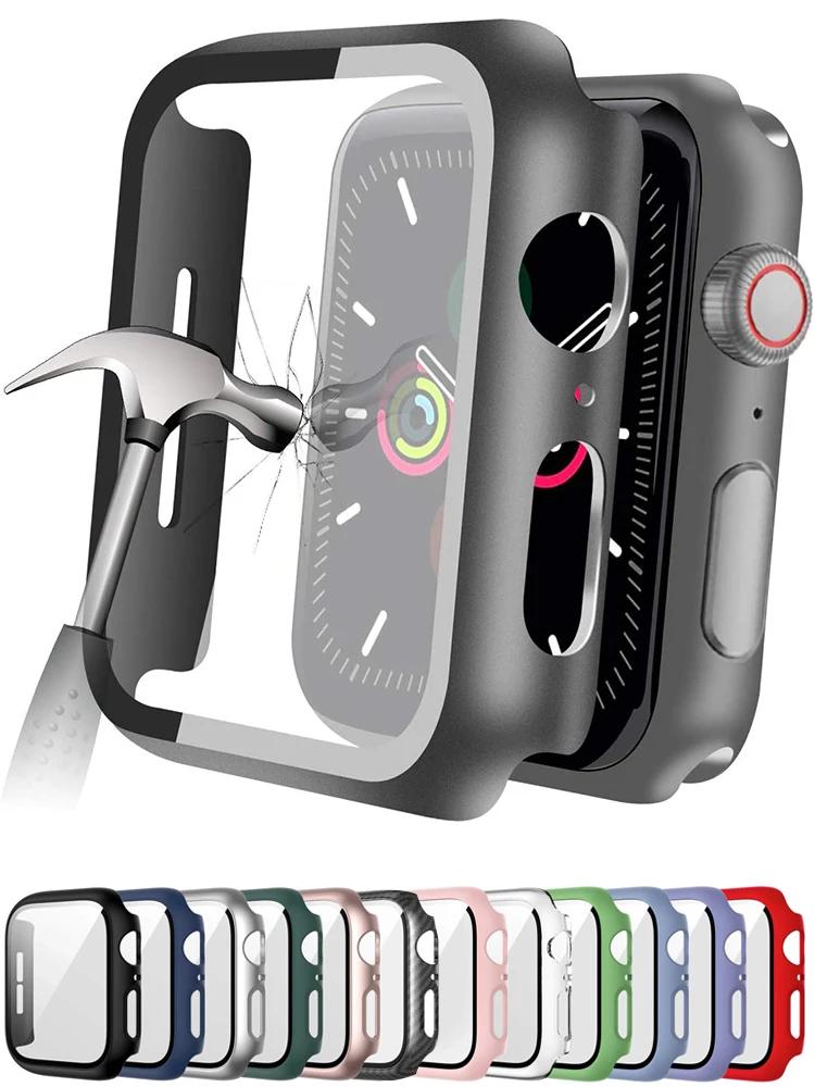 Закаленное стекло+чехол для аксессуаров Apple Watch 45 мм 41 мм 44 мм 40 мм 42 мм Защитная пленка для экрана serie 9 4 5 6 SE 7 8 Чехол для Apple watch