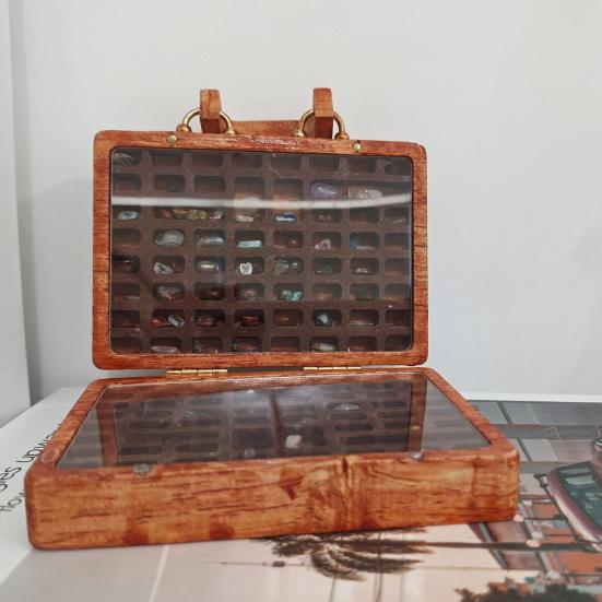 Wooden Gemstone Display Case Suitcase Shape Crystal Stone Mini Collection Box Portable Multi-Grid Organizer Box for Crystal Stones Small Collectibles