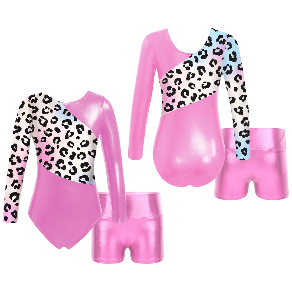 Детские комплекты танцевальной одежды для девочек из 2 предметов, цельный купальник с длинными рукавами, спортивные шорты для гимнастики