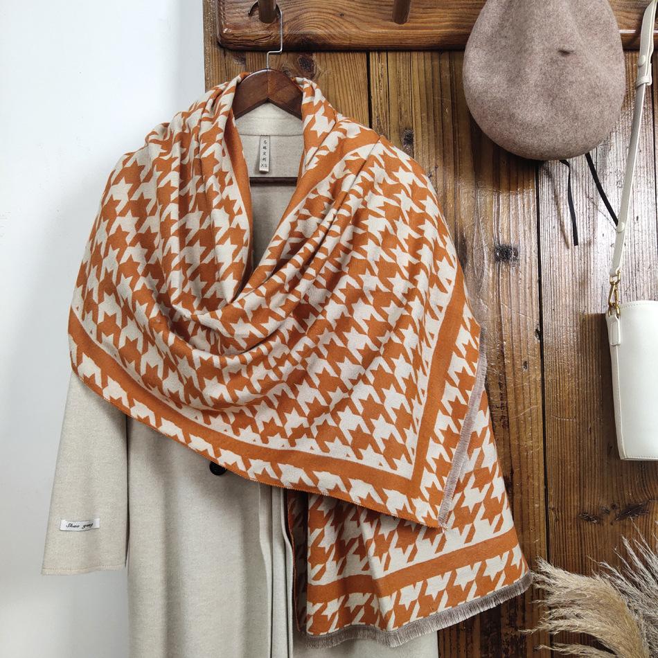 Women's winter scarf, versatile and high-end, made of faux cashmere, double-sided houndstooth pattern, thickened for warmth and protection from the