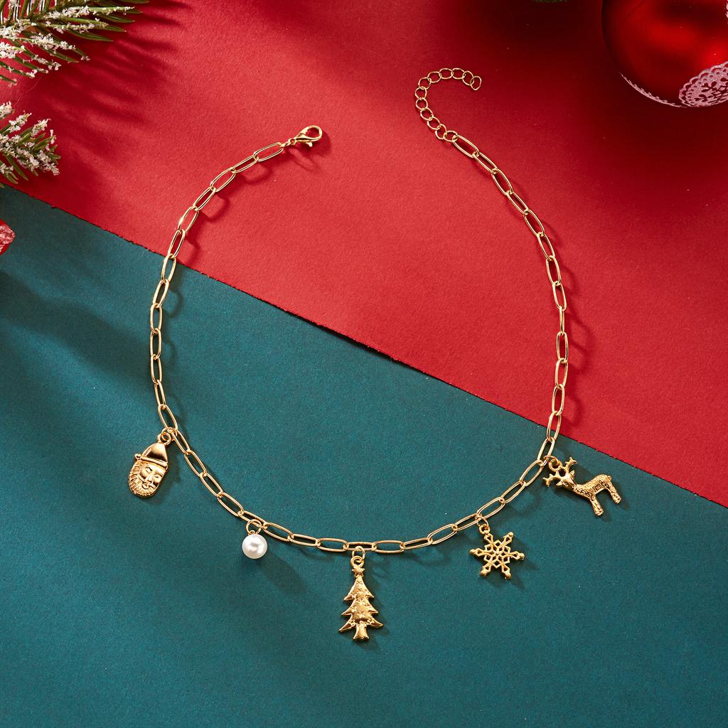Delicate Christmas Tree Snowflake Elk Crystal Pendant Necklace for Women Fashion Xmas Metal Imitation Pearl Chain Party Jewelry
