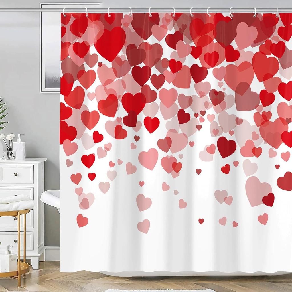 Valentines Day Shower Curtain for Bathroom, Red Hearts Romantic Pink and Red Hearts Bathroom Decor Shower Curtain Sets, Polyester Fabric Shower