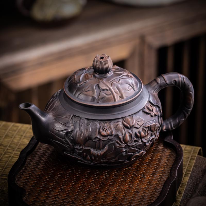 Фиолетовый керамический чайник, ручная резьба, керамический чайник, чайник, чайный сервиз в стиле кунг-фу, чистый чайник, чайник для чая пуэр