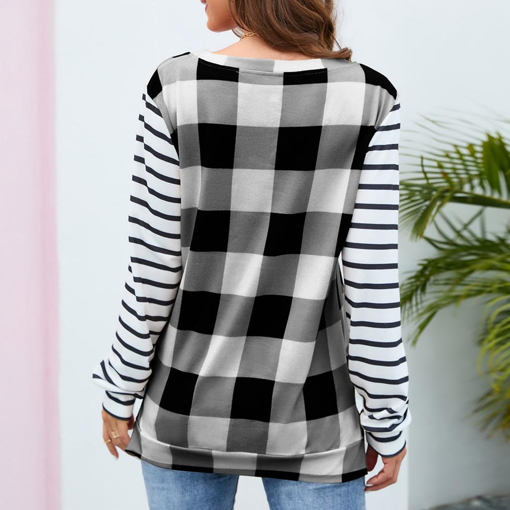 Женская модная повседневная клетчатая плюшевая футболка с круглым вырезом и длинным рукавом