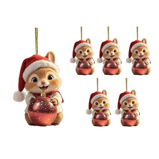 Acrylic Squirrel Ornament with Santa Hat 2D Christmas Tree Decoration Festive Hanging Decor for Car Home