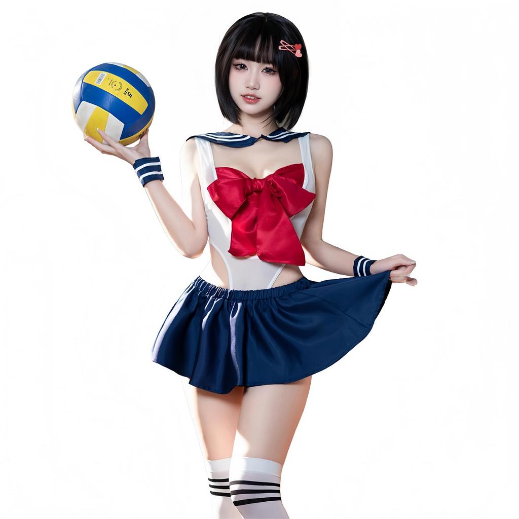 6 Piece Set Sexy Sailor Costume Leotard Navy Removable Chest Ribbon Open Inseam Specification Suitable for Events Free Size Black X Red X Navy Cosplay