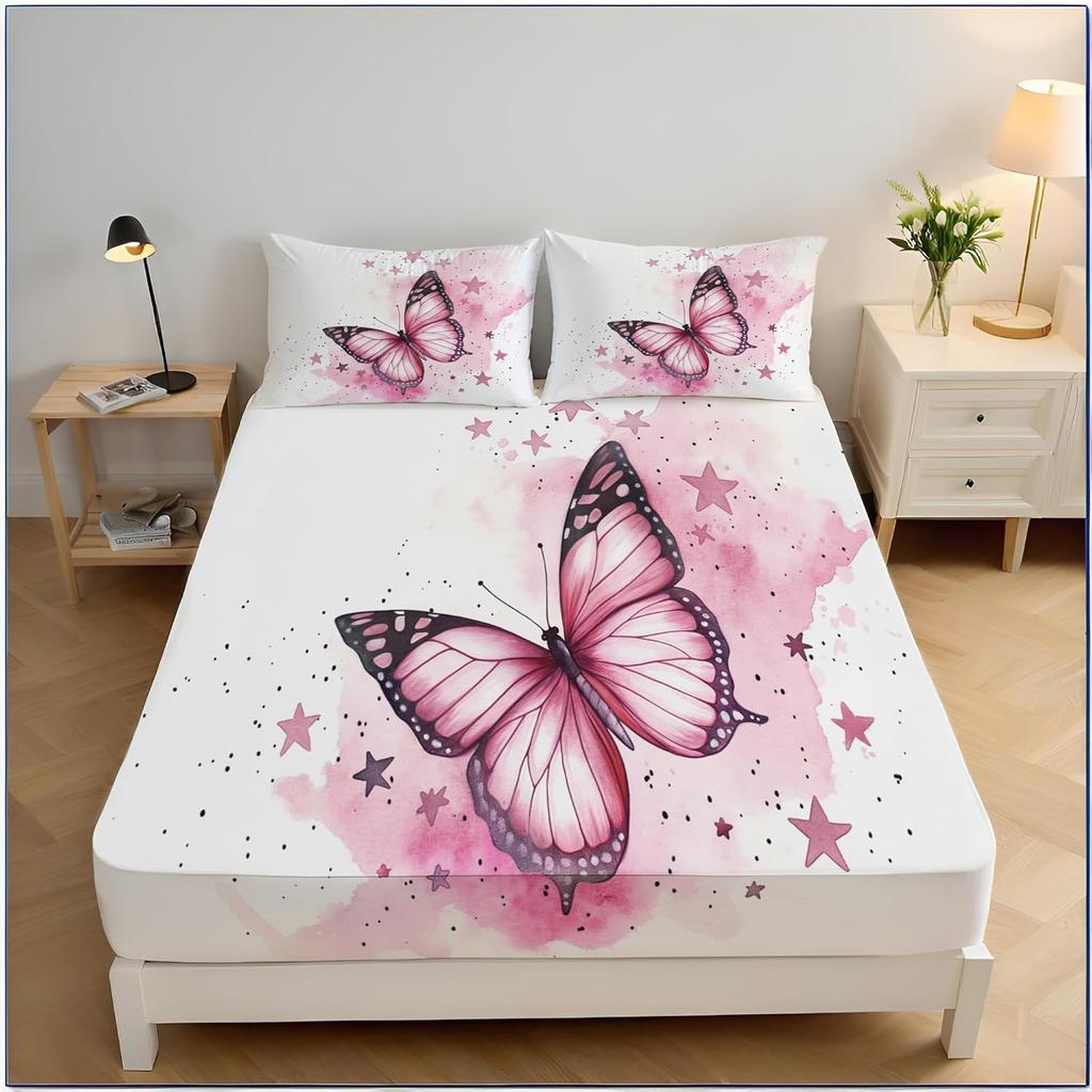 3D Бабочка Односпальная Простыня на Резинке Синие Принтованные Простыни 30 см Глубиной Простыни на Резинке Мягкий Набор Постельного Белья из Микрофибры с Наволочкой
