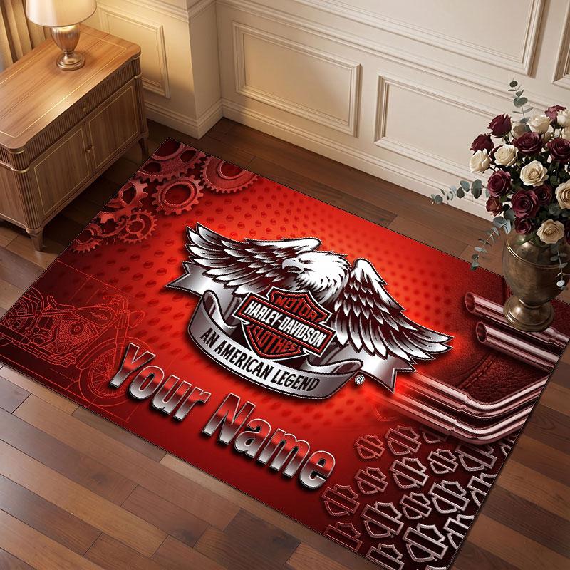 Harley-Davidson Personalized Crystal Velvet Carpet, Customized Name Text Soft Anti‑Slip Rug for Living Room Bedroom