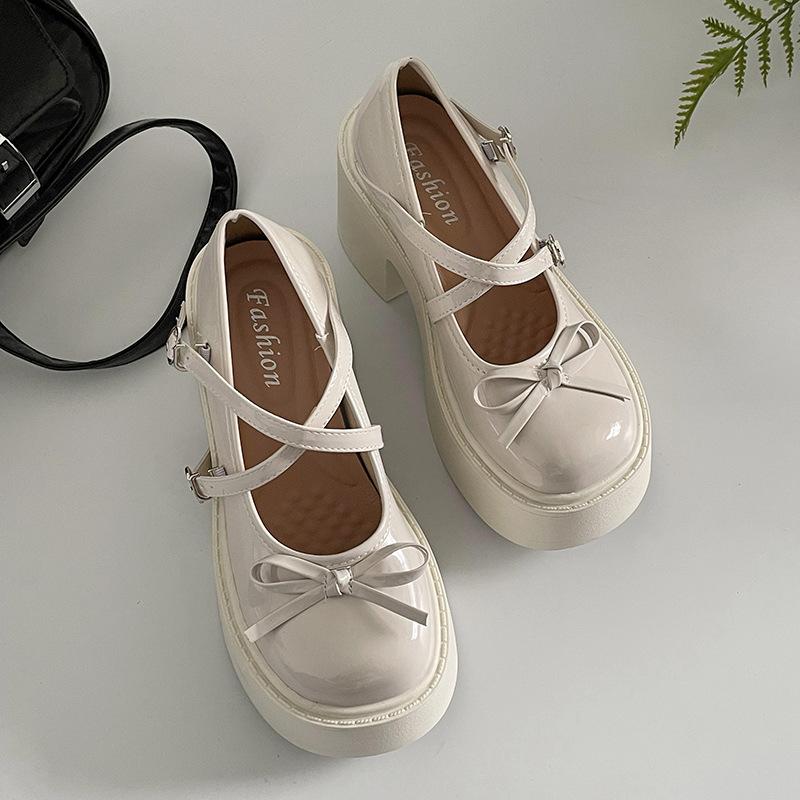 Черные туфли Мэри Джейн с круглым носком и толстой подошвой, кожаные туфли для женщин, новая летняя юбка 2025 года, французские туфли с толстым каблуком