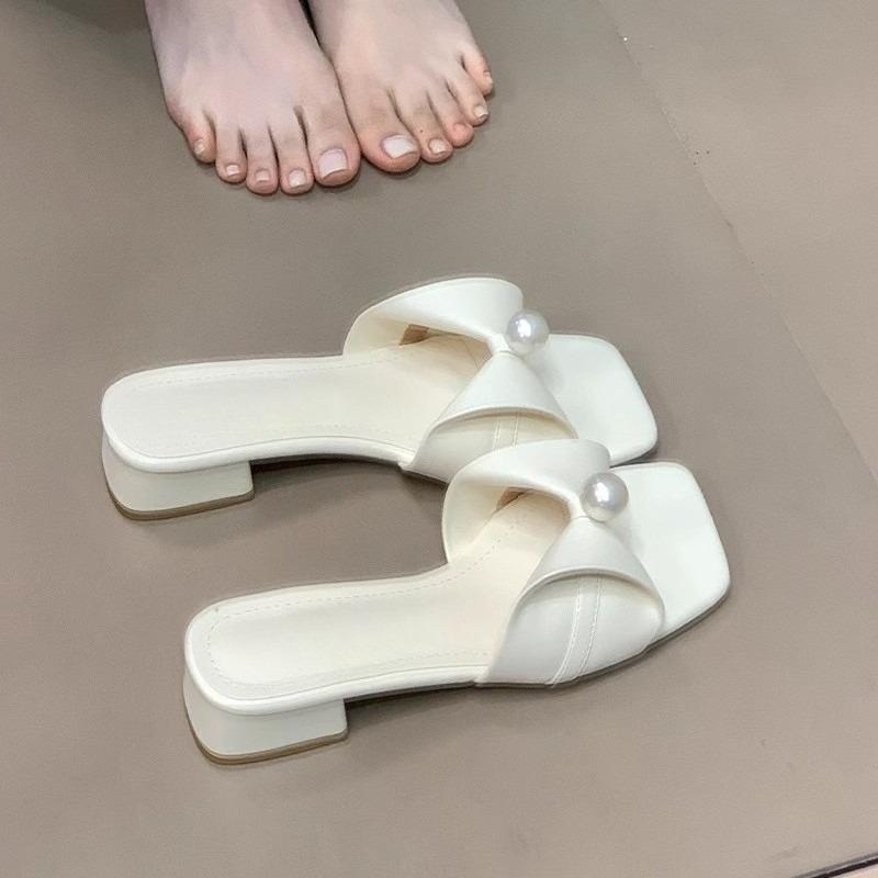 Fashion Bow Pearl Square Toe Sandal Slippers Women French Versatile Outwear with Skirt Fairy Square Heel Flip-Flops