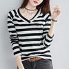 Korean All-match Striped Slim T-shirt Female Clothing Casual V-Neck Spliced Spring Autumn New Commute Long Sleeve Pullovers