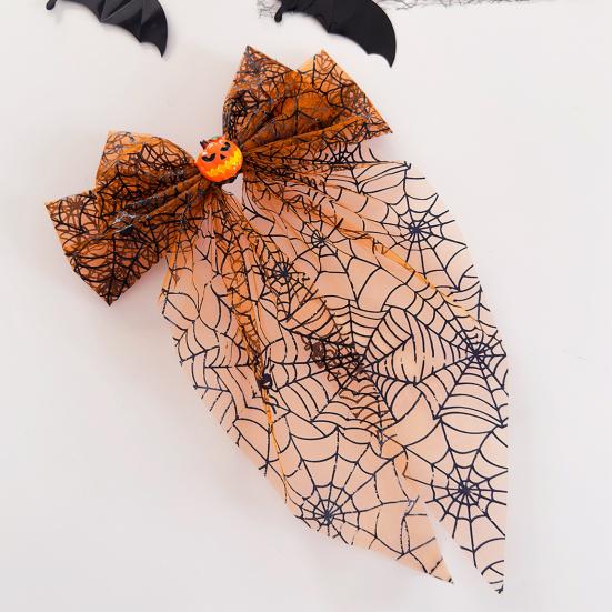 Women Hair Clip Halloween Spider Web Bow Clip, Pumpkin Eyeball Tulle Spring Accessory with Long Tails, Accessories for Holiday Party Themed Clips