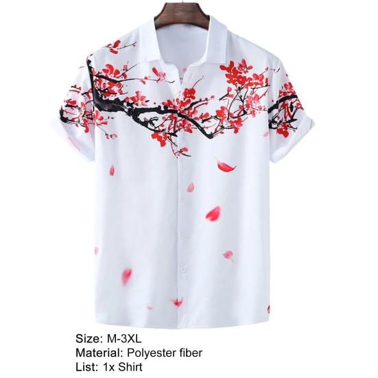 Men Shirt Cardigan Contrast Color Chinese Style Ink and Wash Painting Plum Blossom Summer Top Daily Clothes