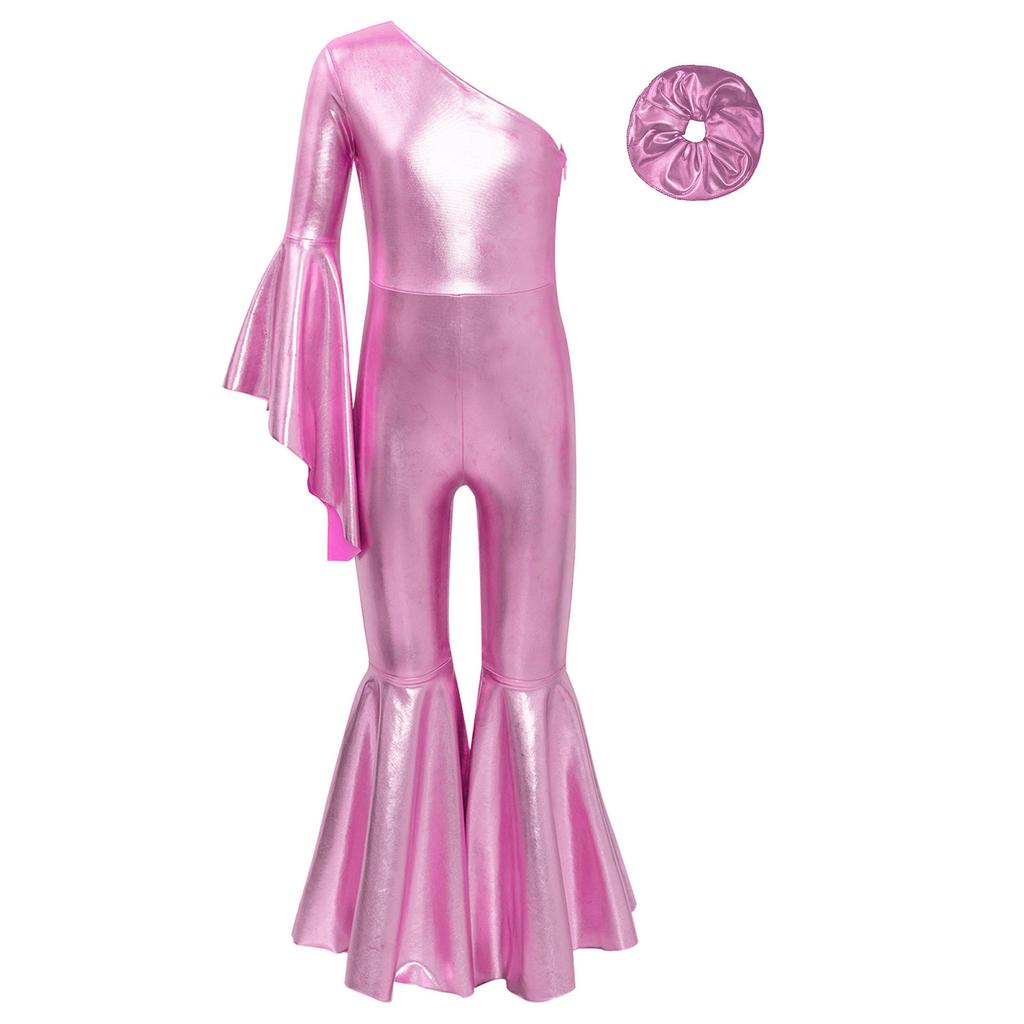 Девочки Блестящий Расклешенный Танцевальный Костюм Модный Комбинезон на Одно Плечо с Расклешенным Рукавом Повязка для Волос Головной Убор для Выступлений