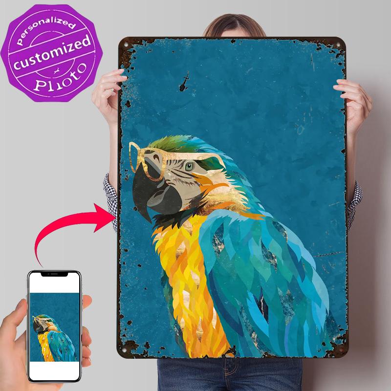 Gold Blue Macaw Bird Personalized D Textured Metal Poster Wall Art Tinplate Sign for Vintage Decorations Decor Luxury House