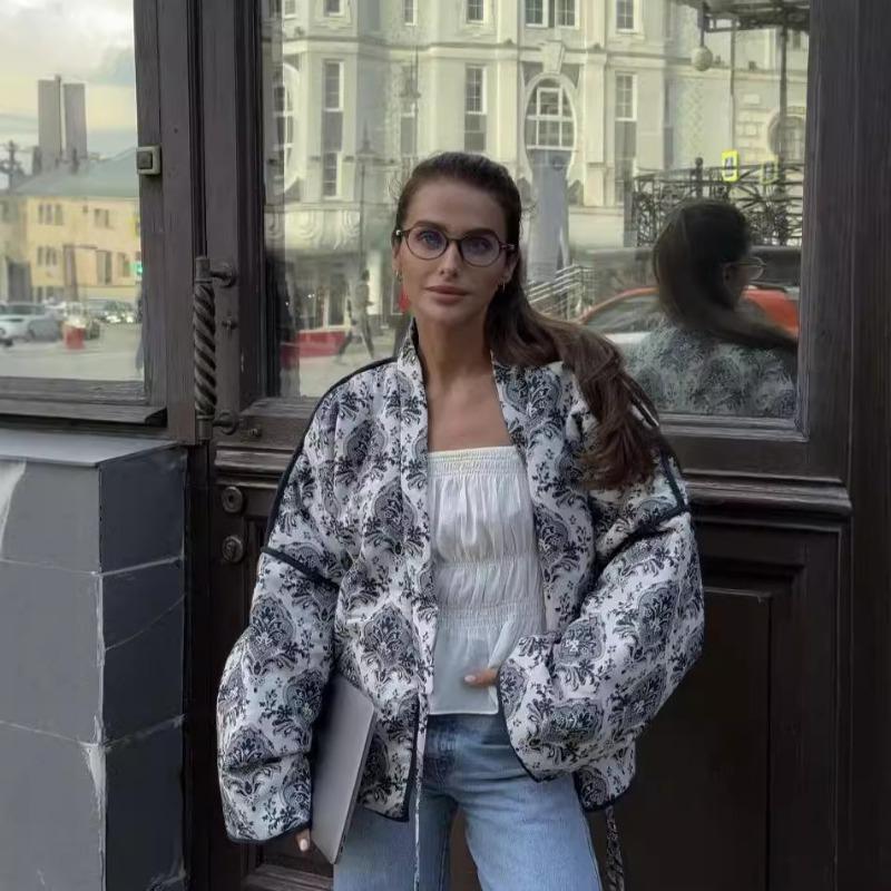 Осень и Зима Новинка Женский Дизайнерский Смысл Повседневный Для Поездок Все-в-одном Хлопковая Куртка с Длинным Рукавом и Принтом