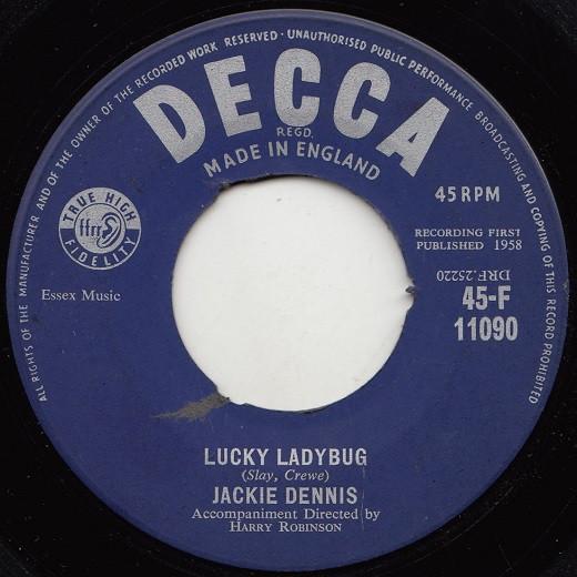 7-дюймовая пластинка ДЖЕКИ ДЕННИС - Lucky Ladybug 45F11090 Decca 1958 Великобритания Поп Б/у