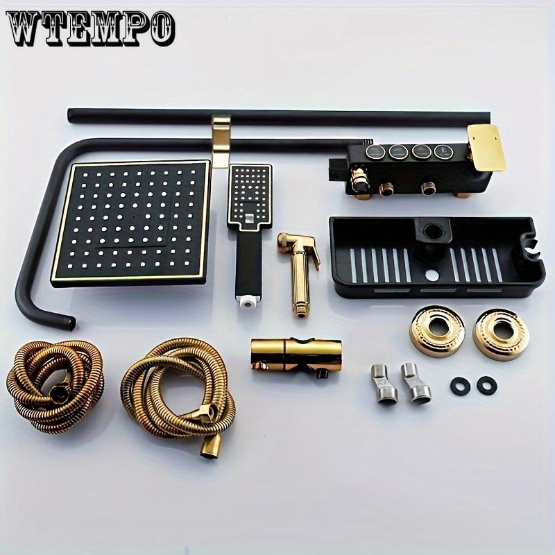 Black Golden 4-Button Shower Set, Home Copper Bathroom Faucet with Handheld Showerhead, Wall-Mounted Shower System with Dual Showerheads