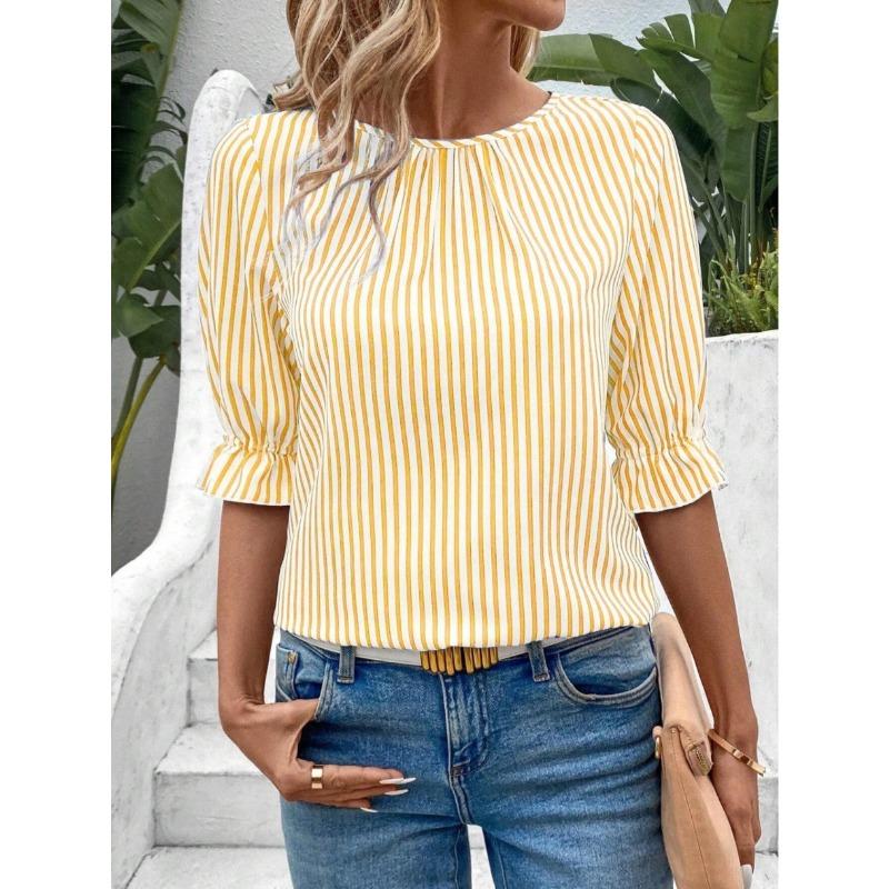 New Fashion Summer Women's Clothing, Blue Striped Button-down Shirt