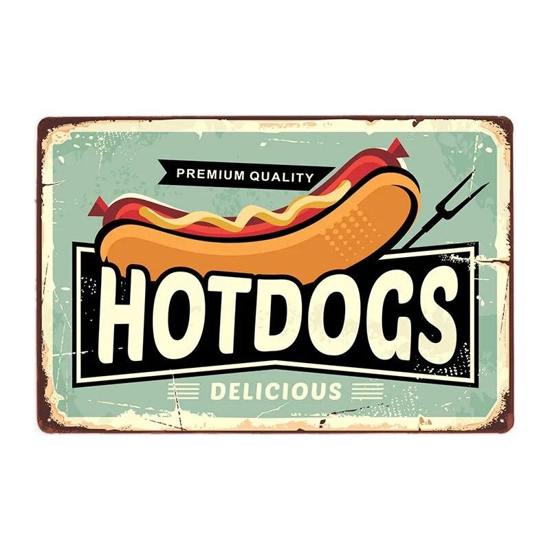 Хот-доги Ретро жестяная вывеска Хот-дог металлический плакат винтажная доска фаст-фуд магазин в отеле Настенный декор 20x30 см