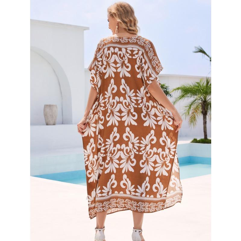 Плюс Размер Женщин Пляжный Принт Свободное Платье Накидка
