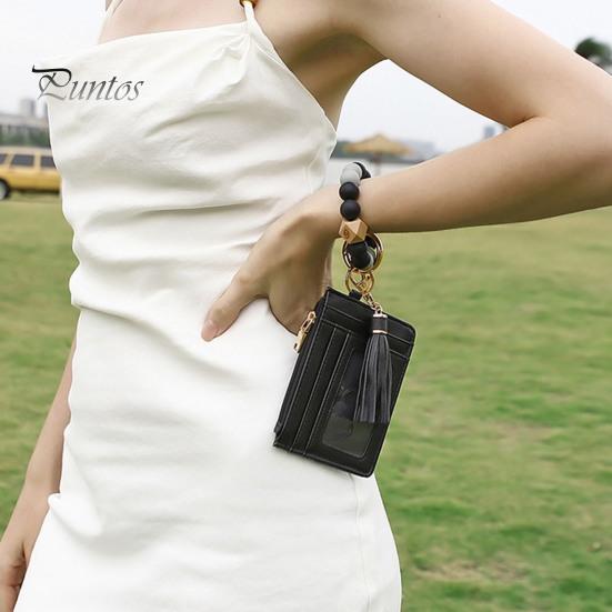 Брелок на запястье с блокировкой RFID и 6 отделениями для карт, браслет с кисточками и бусинами, брелок из искусственной кожи