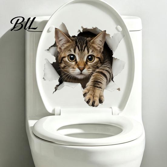 Realistic Animal Toilet Cover Decals 3D Cat Sticker, Waterproof PVC Lid Decal, Removable Wall Murals Self-adhesive Kitten Seat Sticker for Home
