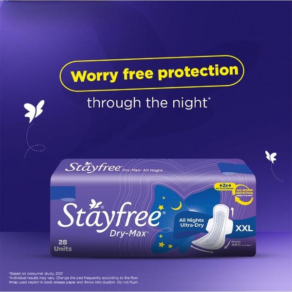 Stayfree Сухие Макс На всю ночь XL Покрытие Dry Cover Гигиенические прокладки для женщин с крылышками, 28 прокладок Упаковка 1 шт.