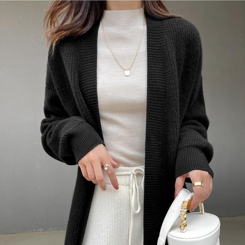 Вязаный женский кардиган осень-зима повседневный V-образный вырез средней длины пальто модный свободный однотонный офисный женский свитер