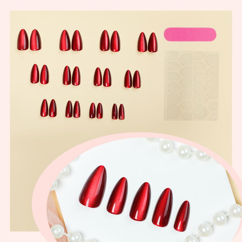 Christmas Red Cat Eye Press On Nails Short Almond False Nails Glossy Artificial Nail Full Cover Nail Supplies for Women