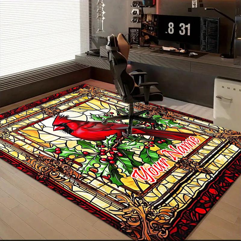 1PC Custom Name Glass Cardinal Theme Floor Mat Ideal for Living Room, Game Rooms, Office, Bedroom, Floor Mat Playful Design
