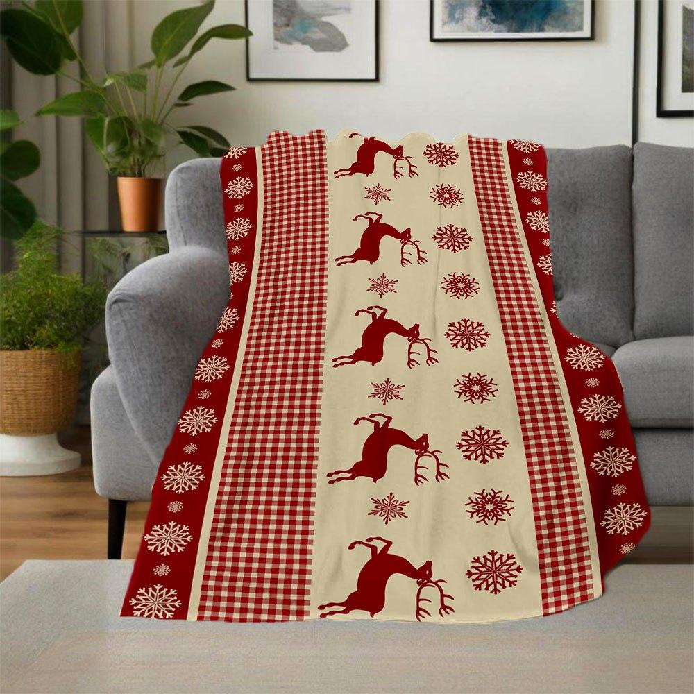 Christmas Plaid Tablecloth with Reindeer and SnowflakesBlanket Flannel Throw Blanket for Sofa, Bed, Travel, Camping, Office, Couch, Chair, A