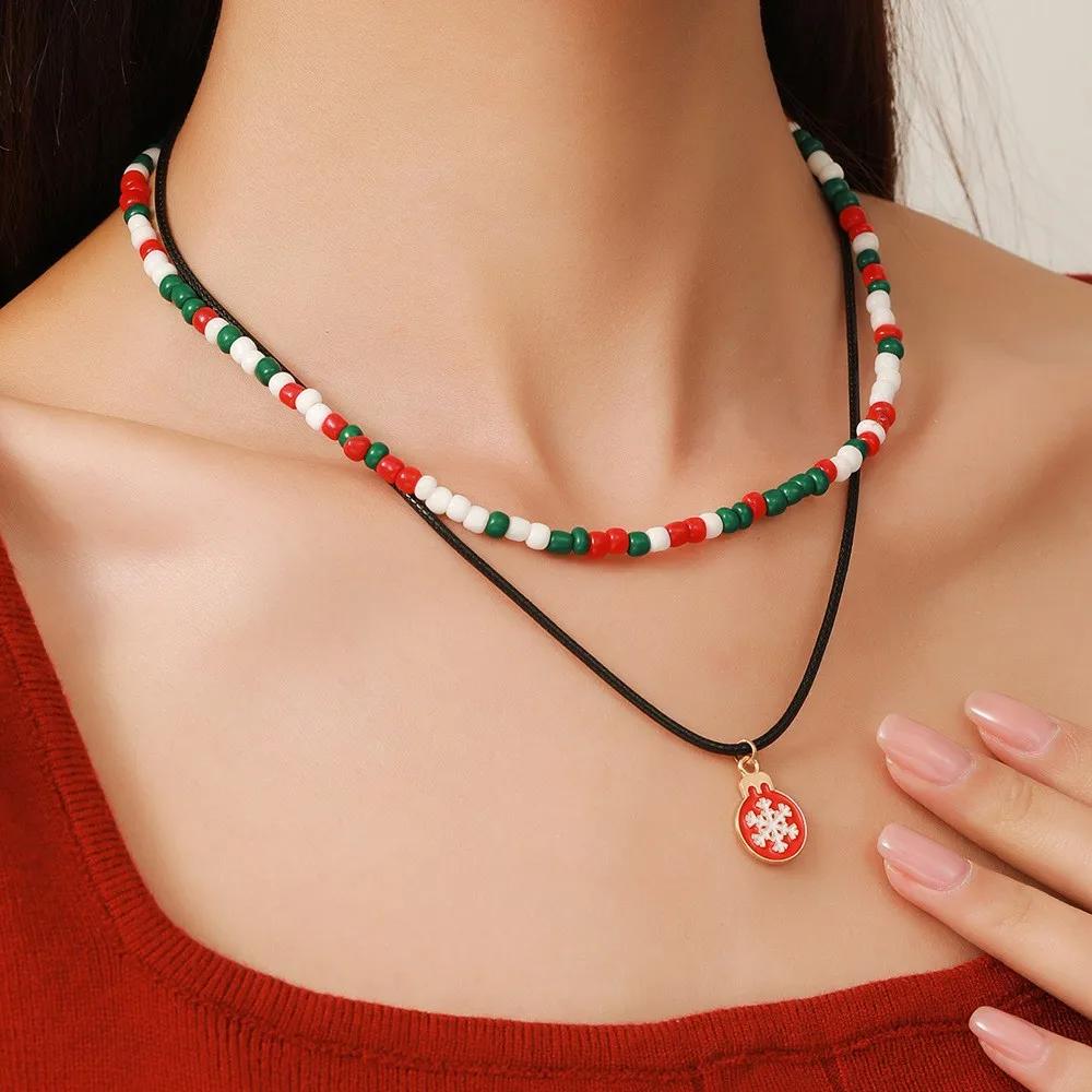 Снежинка Рождественская елка Санта Клаус Подвеска Чокеры Женское Рождество Красочные бусины Ожерелье Цепочка для ключицы Рождественские подарки