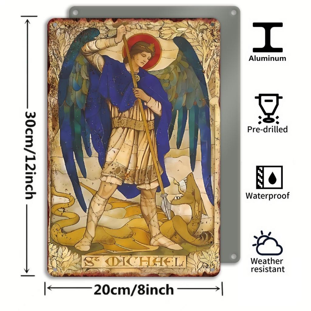 Винтажная алюминиевая табличка Архангел Михаил, Портретная ориентация, Прочный металлический настенный декор для дома