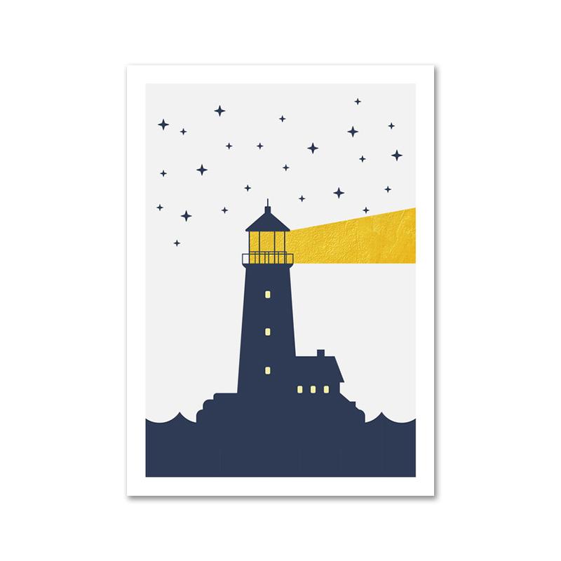 Lighthouse Cartoon Poster Print Sun Night Sky Stars Modular Canvas Painting Nordic Wall Art Pictures Artwork Home Bedroom Decor