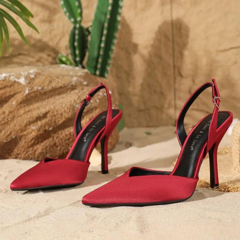 Pointed Toe Pumps Women Heeled Sandals Satin Elegant Slingback High Heels Women Concise Fashion Party Wedding Dress Shoes
