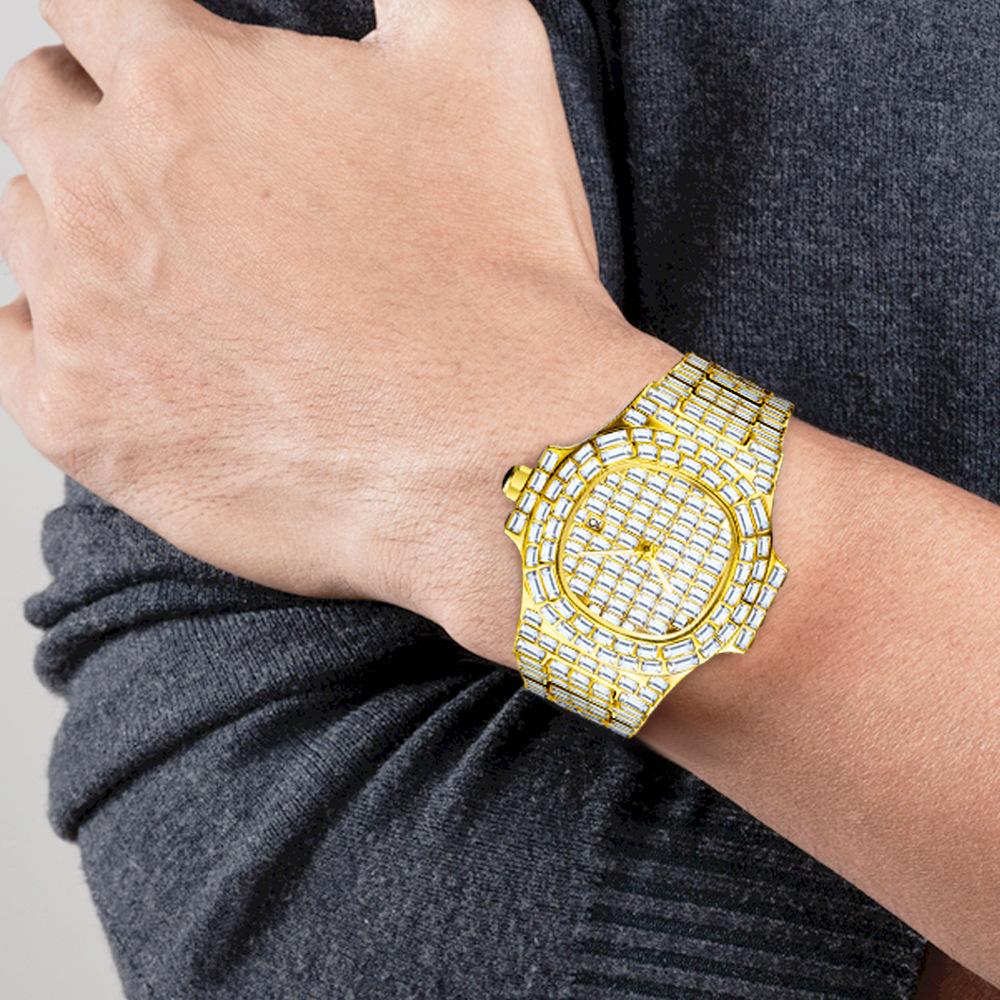 MISSFOX-Waterproof Calendar Luxury Full Diamond Square Diamond Мужские кварцевые часы в стиле хип-хоп