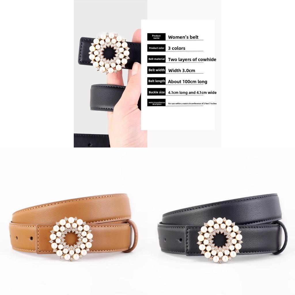 Womens Pearl Embellished Leather Belt With Alloy Buckle For Casual Dress And Jeans Accessories