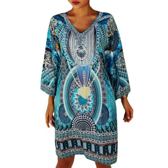 Женское летнее платье в стиле ретро с принтом в этническом стиле с длинными рукавами и v-образным вырезом, мягкое дышащее свободное платье до колена, повседневное женское повседневное платье миди