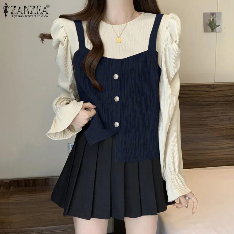 ZANZEA Женская повседневная блузка с длинным рукавом из двух частей в стиле пэчворк