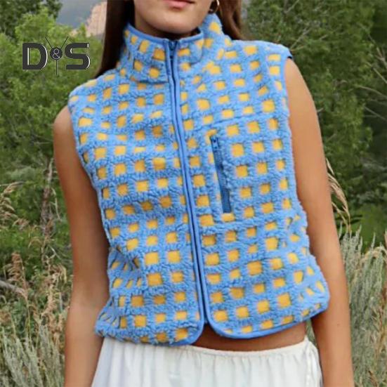 Women Vest Jacket Stand-up Collar Contrast Color Sleeveless Checked Pattern Cardigan Waistcoat Zipper Closure Daily Outdoor Outerwear