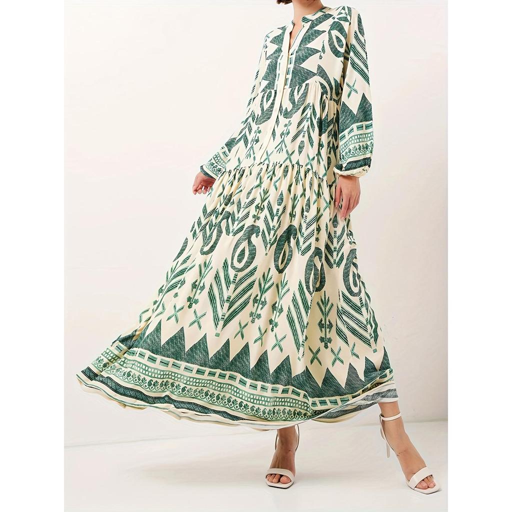 Elegant Green Modest Dress for Muslim Women – Soft, Comfortable, Long Printed Design