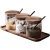 Buccvut 3-Piece Spice Container Set for Salt, Pepper, and Sugar with Wooden Lids, Wooden Base, and Teaspoons. Stylish and Creative Glass Spice Case Wi