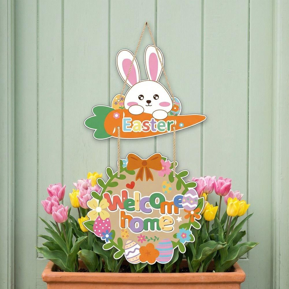 Cartoon Easter Welcome Sign Paper Bunny Egg Decor Easter Hanging Ornament Party Decoration